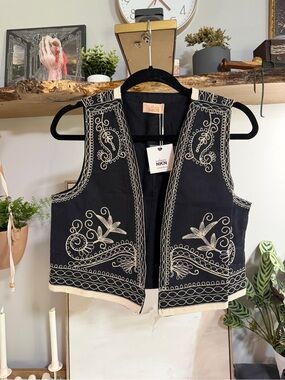 NWT NKN Nekane Embroidered Black Cotton 2-Piece Set with Cream Stitching Boho
